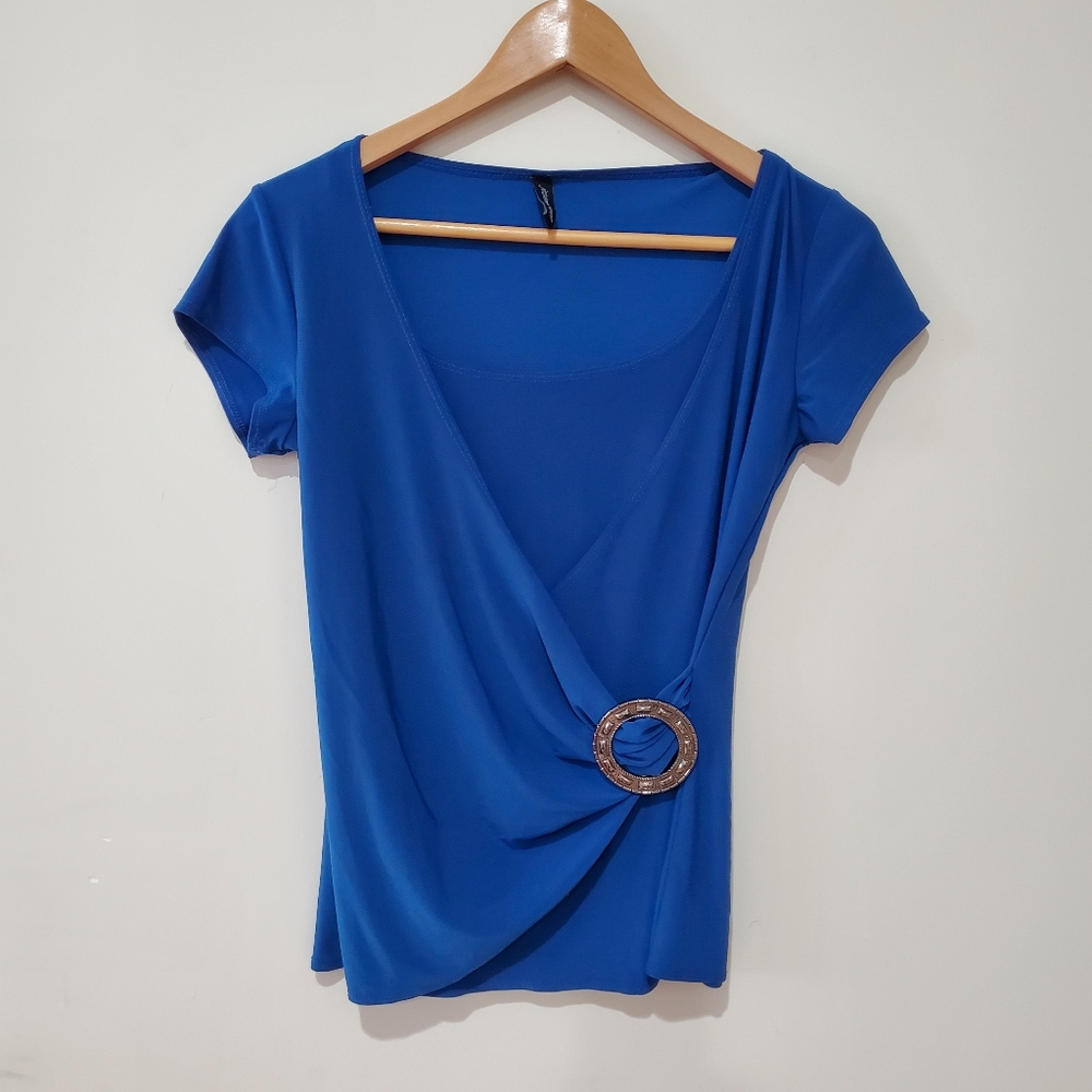 Jasonmaxwell retro classic style blue drape ring cinch blouse small
